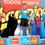 Eulalio Rascón, Eduardo Vargas, Luis Suárez, segundo, primero y tercer lugar categoría Juvenil varonil 10 km.